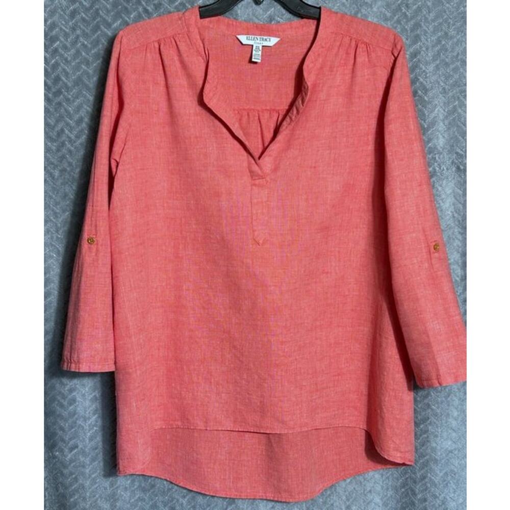 Ellen Tracy Linen Blend Split V-Neck Roll Tab Tunic  XL Coral Colorful Classic